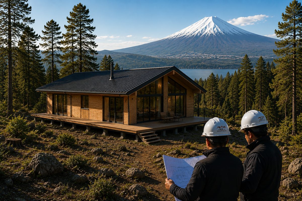 Profesionales de I.A.G. revisando planos frente a una casa en construcción
